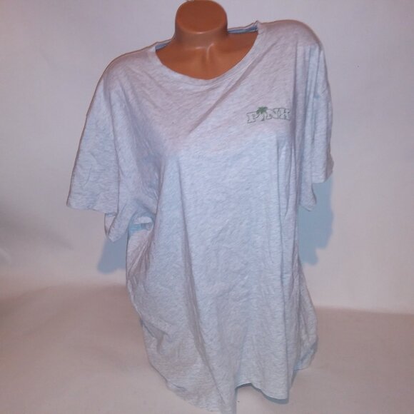 Victoria Secret PINK T Shirt VS Tee Gray Marl Green Logo Crew Neck Short Sleeve - Picture 2 of 11